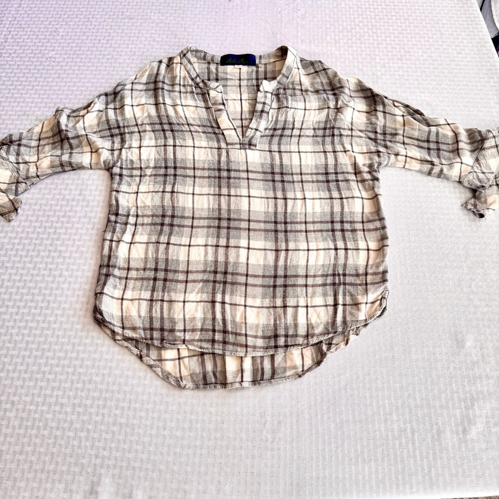 Blue Rain Plaid Rayon Blouse Womens L Cold Shoulder Tie Sleeve Boho Tunic Gray